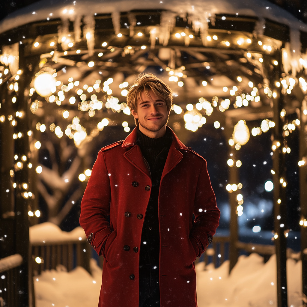 A Handsome Man in Red Coat by Gazebo