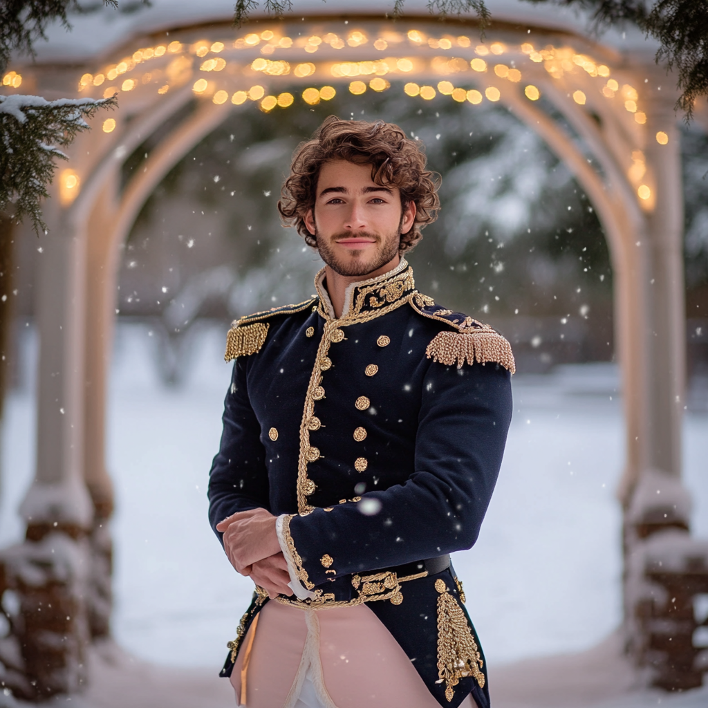 A Handsome Nutcracker Prince Standing by Snowy Gazebo