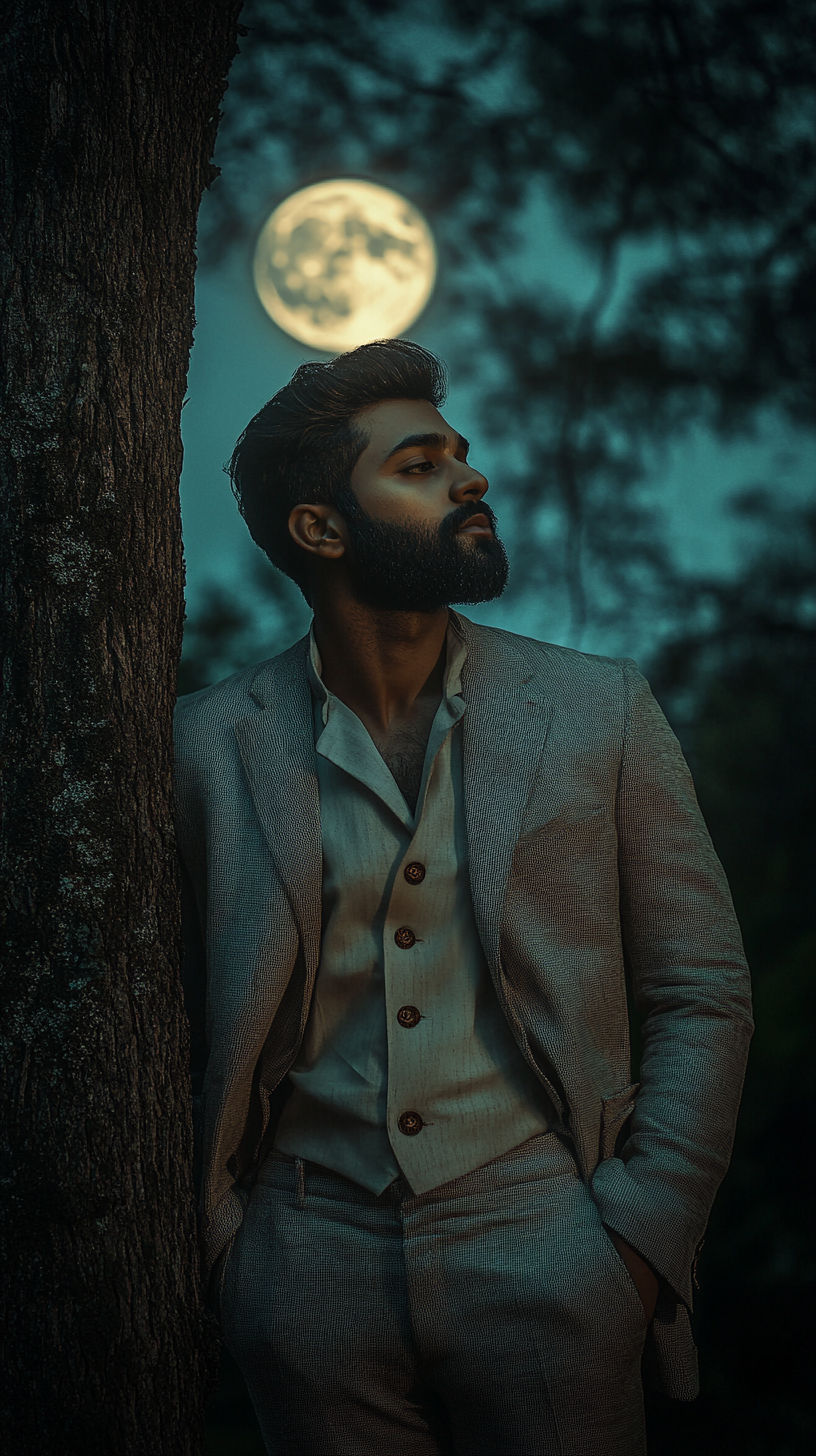 A Handsome Sri Lankan Man Standing under Moonlit Tree