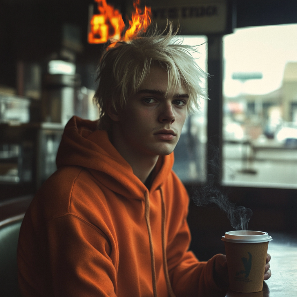 A Handsome Young Man with Firey Hair in Coffee Shop