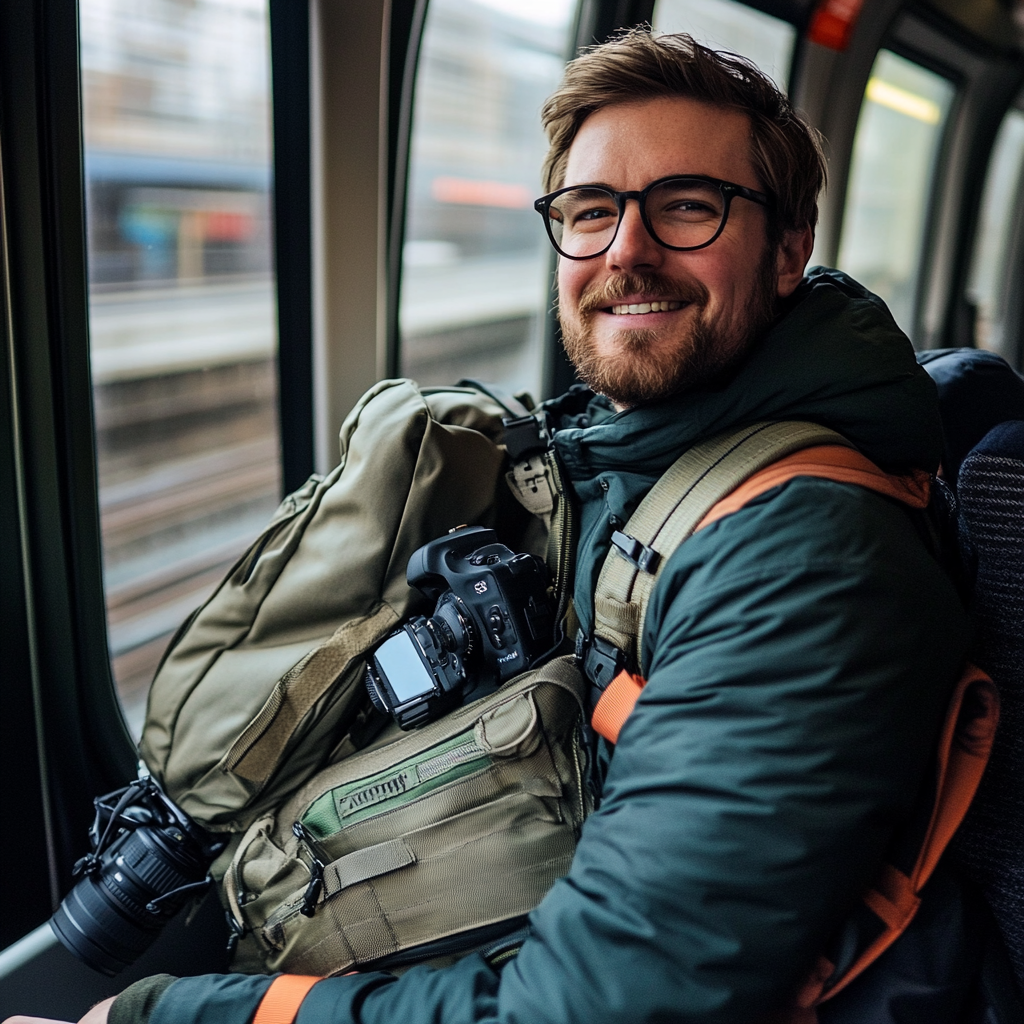 A Happy 35-Year-Old Videographer on the Train