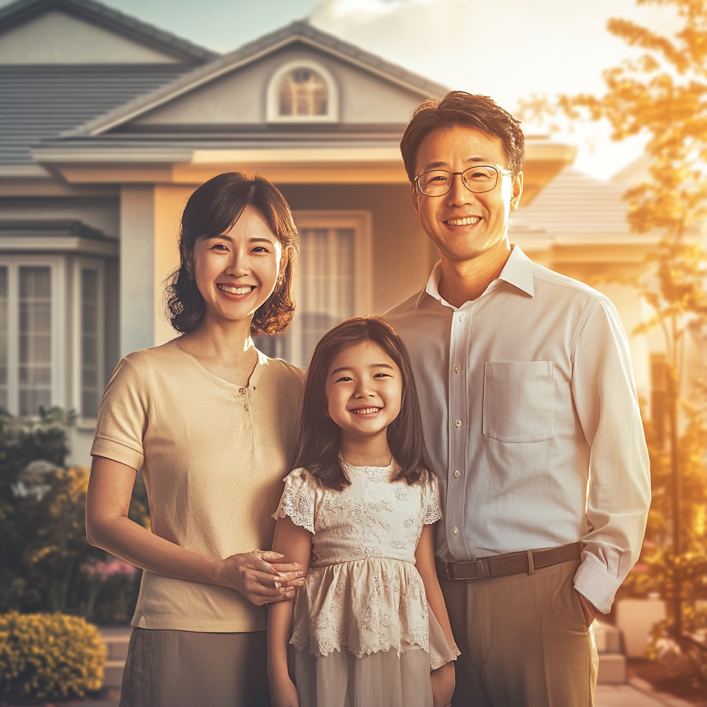 A Happy Asian Family Outside Western House