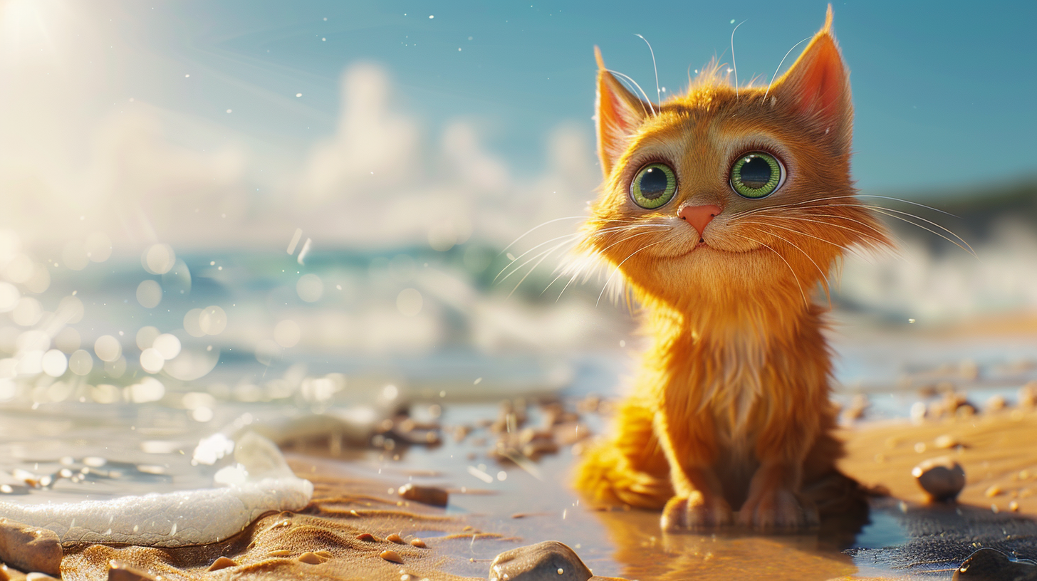 A Happy Beach Cat - an Orange Feline Joyous and Playful.