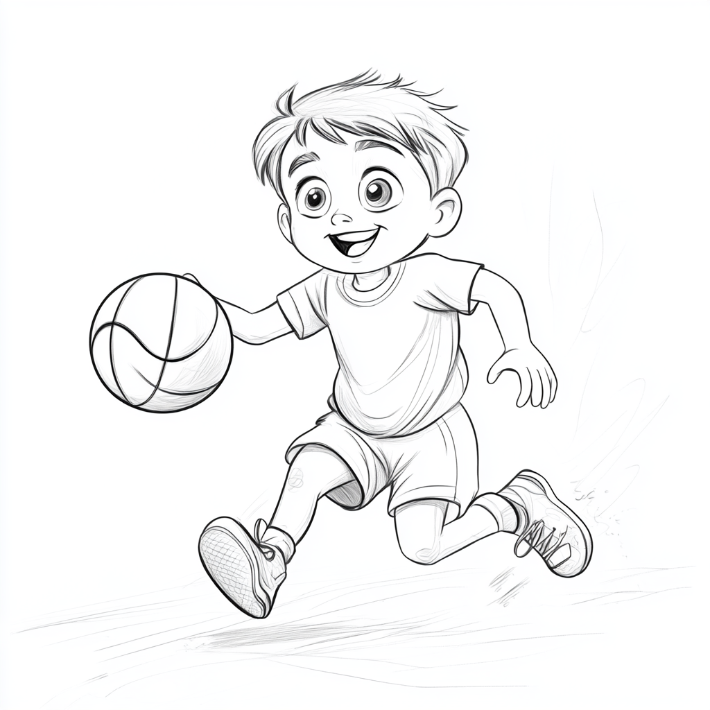 A Happy Boy Playing Basketball in Line Art