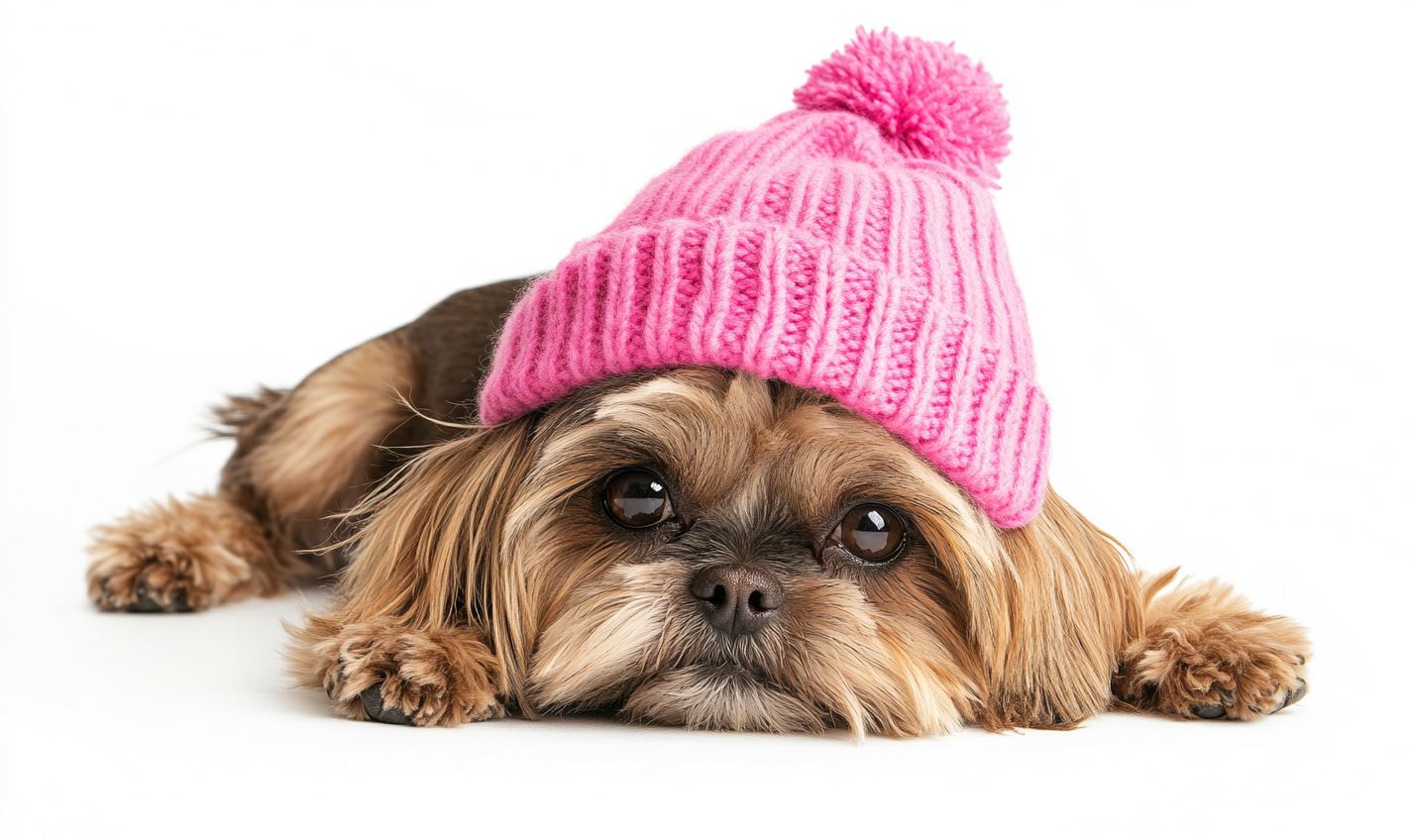 A Happy Brown Shih-Tzu Dog in a Pink Beanie