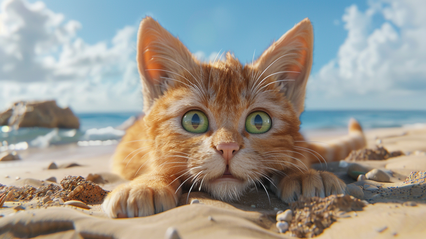 A Happy Cat Playing on the Beach