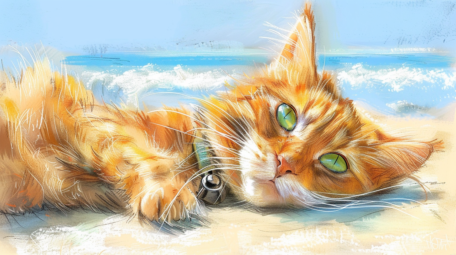 A Happy Cat Relaxing on the Beach