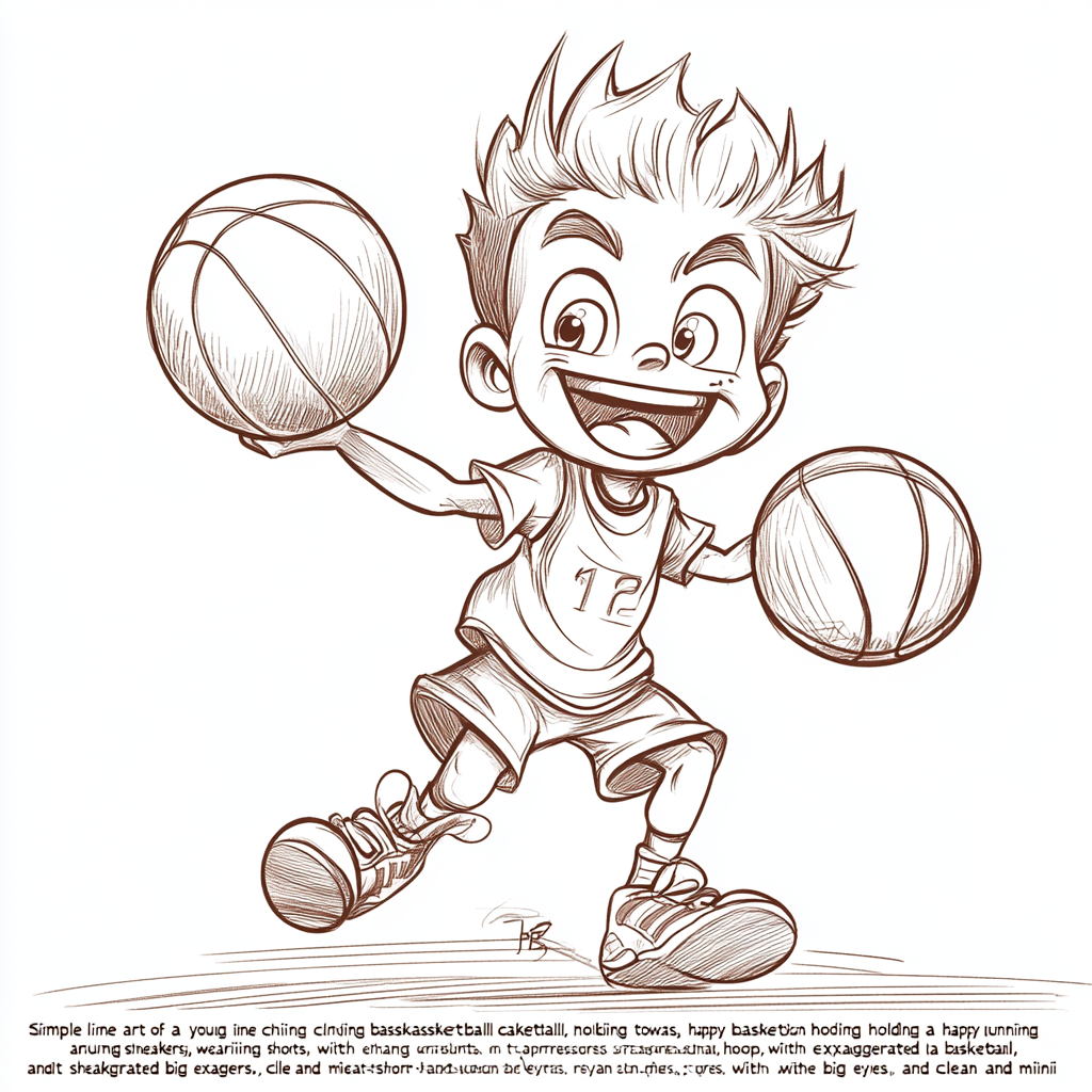 A Happy Child Playing Basketball in Line Art