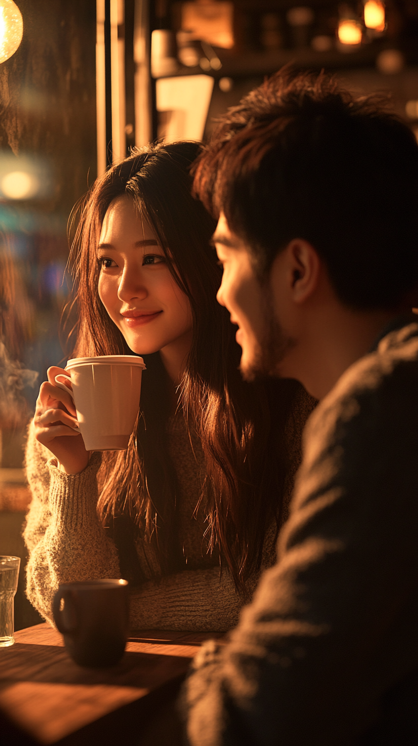 A Happy Couple Enjoying Coffee in a Café