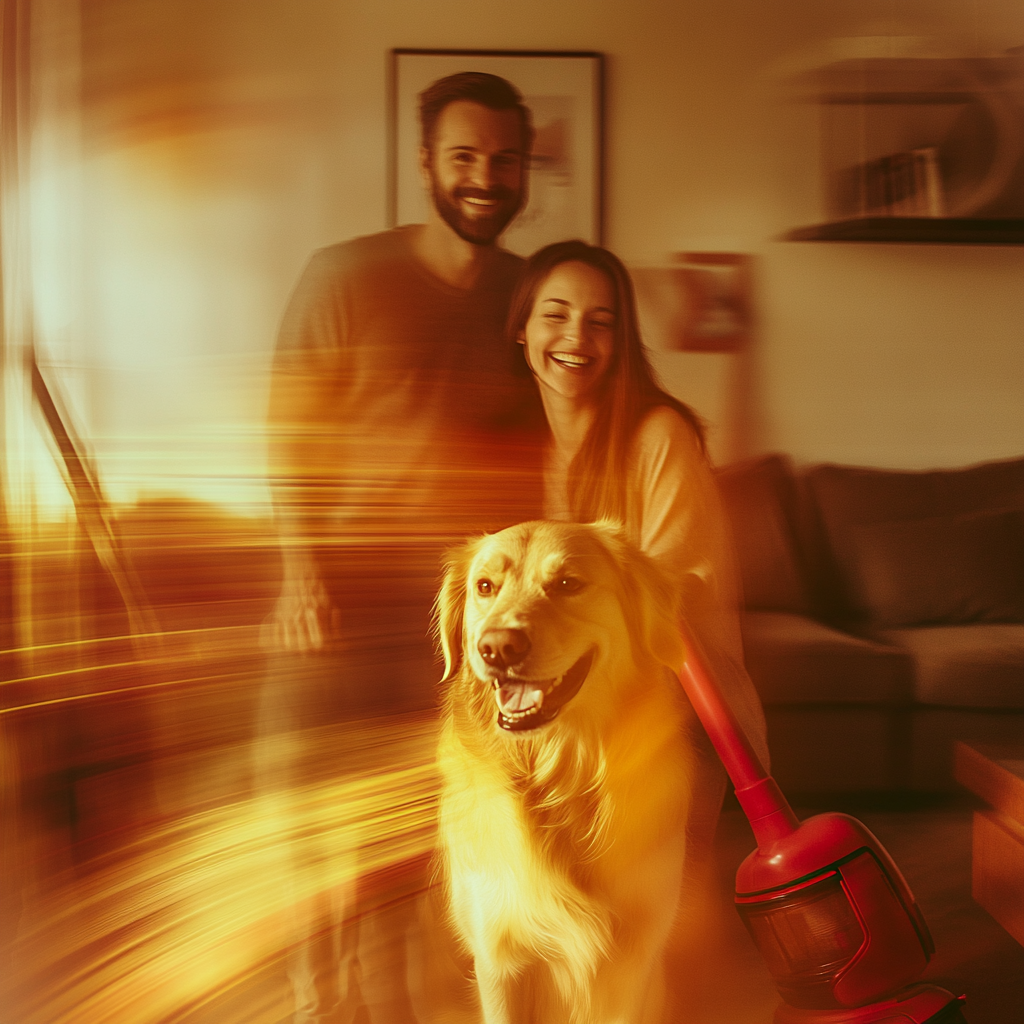 A Happy Couple with Dog in Blurry Room