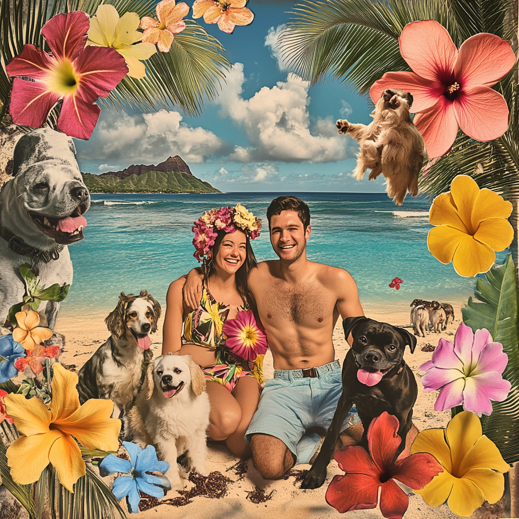 A Happy Couple with Pets on Hawaii's Beach