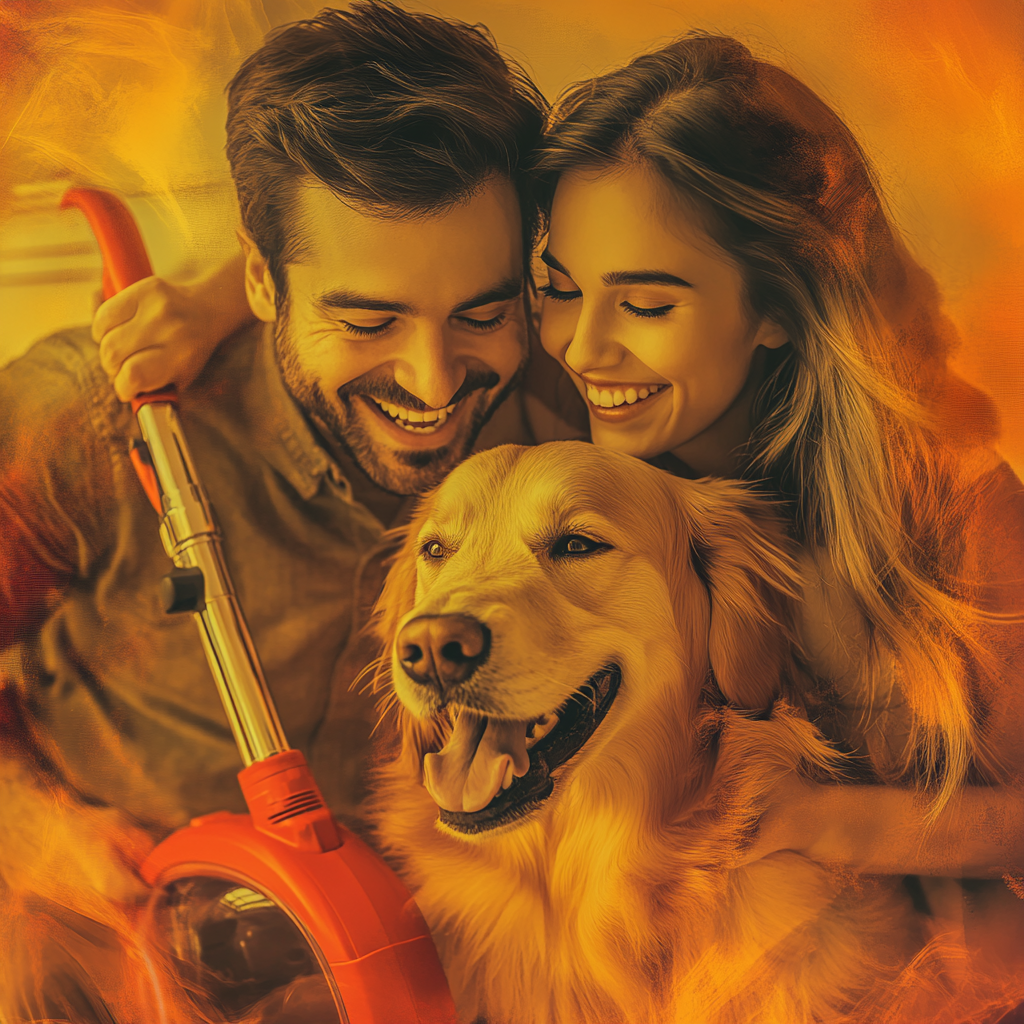 A Happy Couple with a Dog and Vacuum