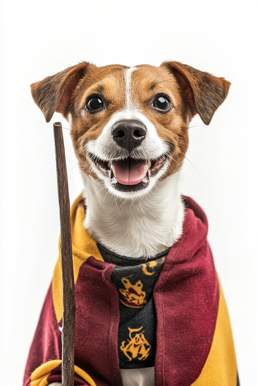 A Happy Dog in Harry Potter Costume