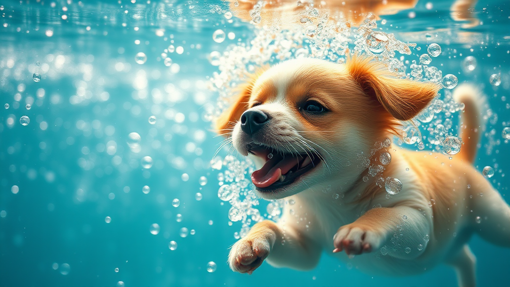 A Happy Dog in Water with Bubbles.