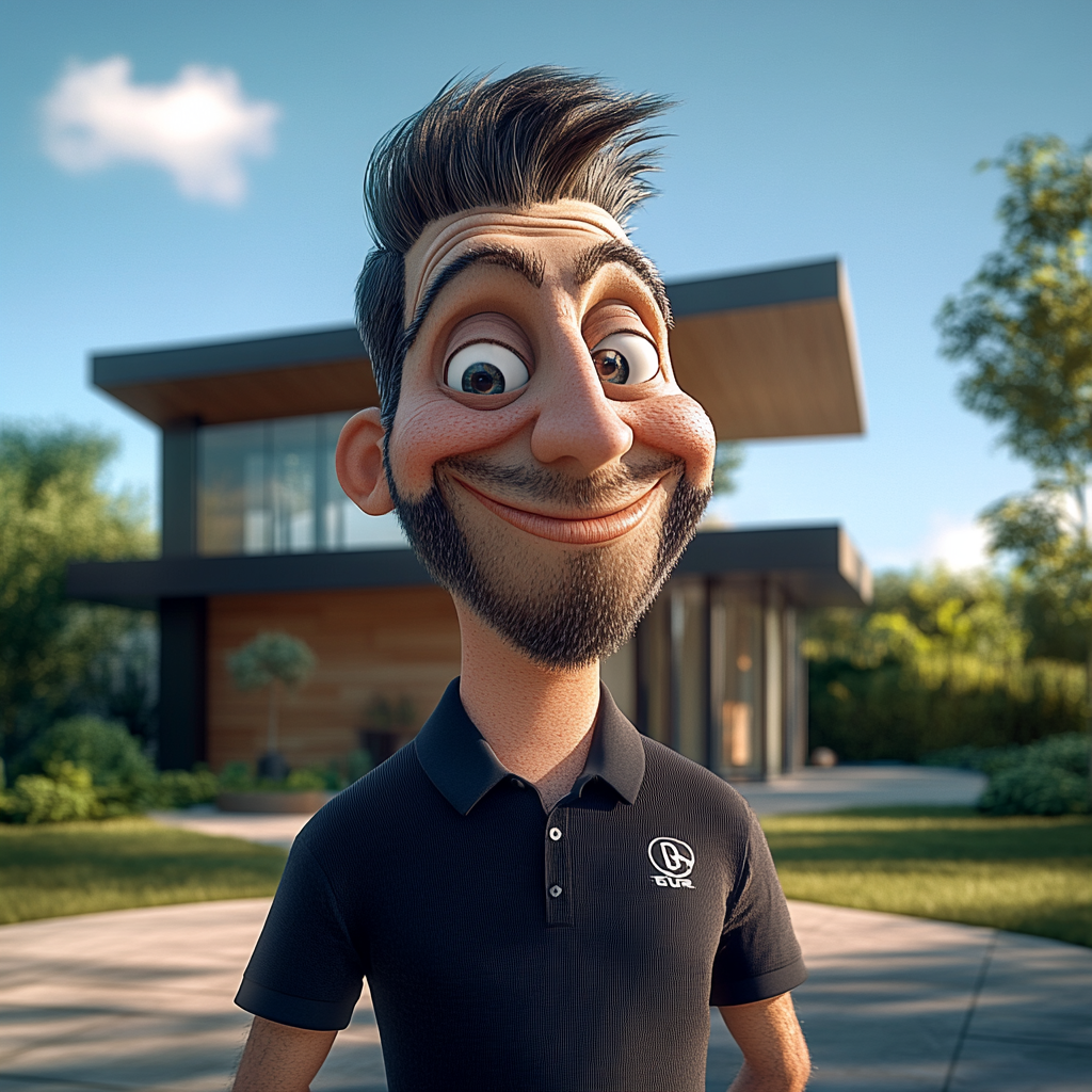 A Happy Engineer in Black Shirt near Modern House