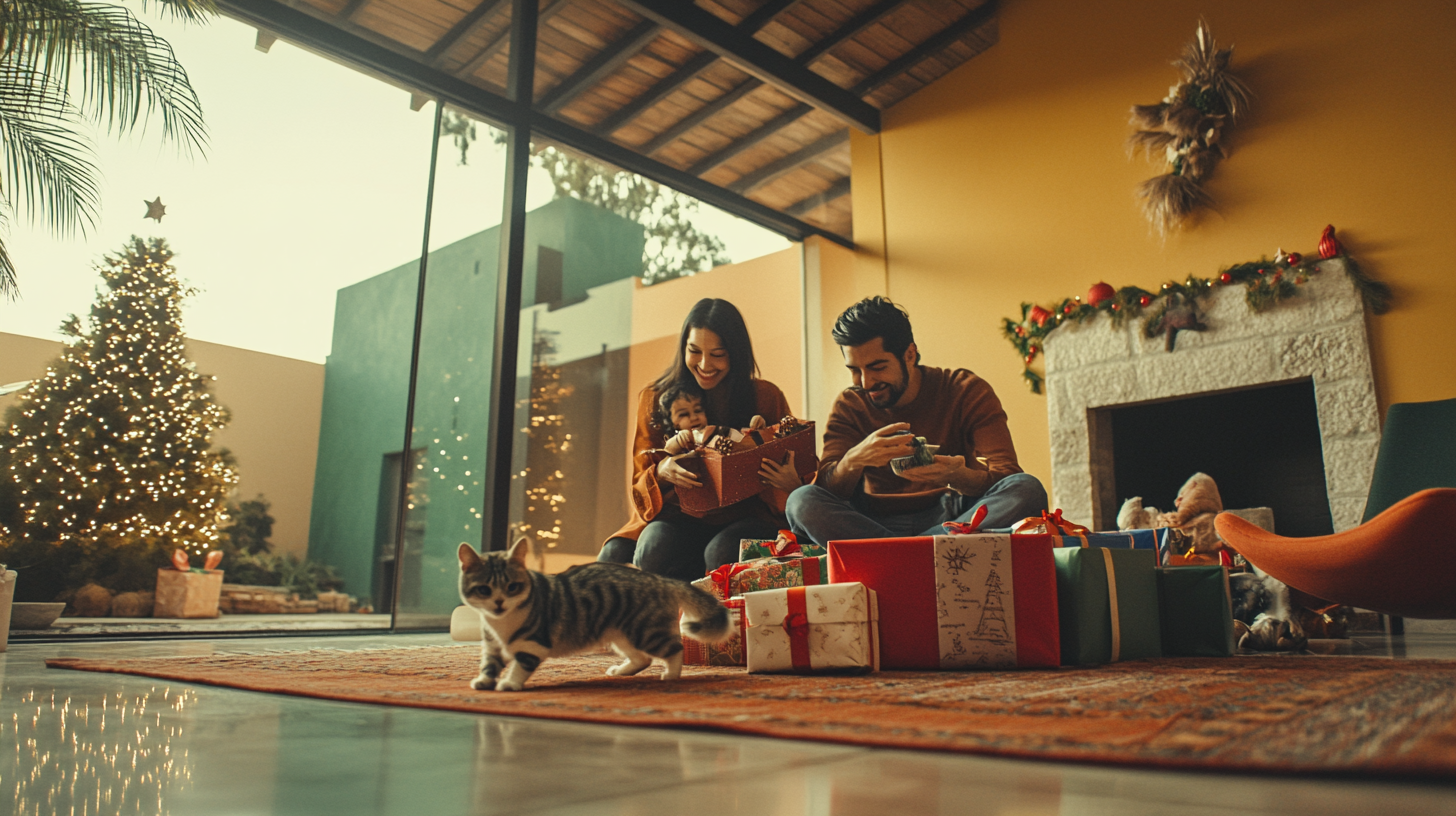 A Happy Family Celebrates Christmas in Modern House