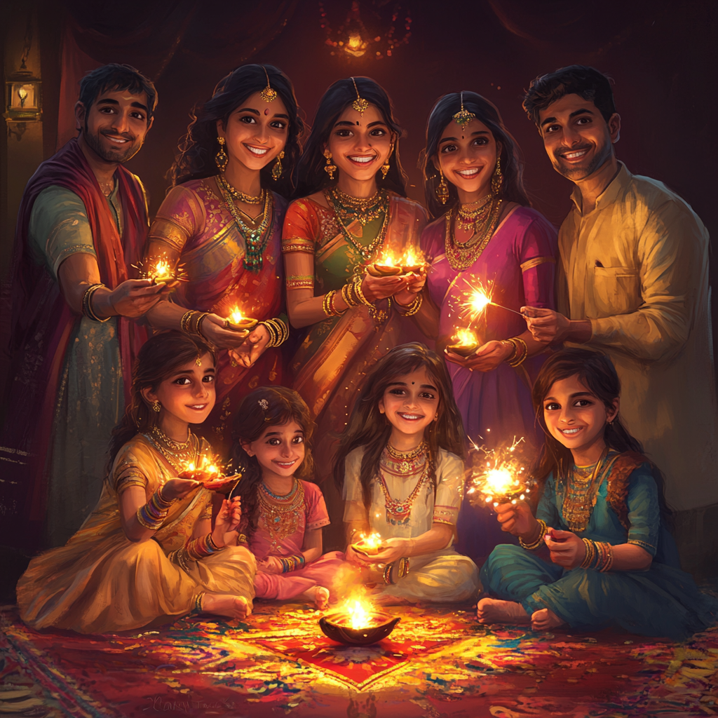 A Happy Family Celebrating Diwali with Sparklers