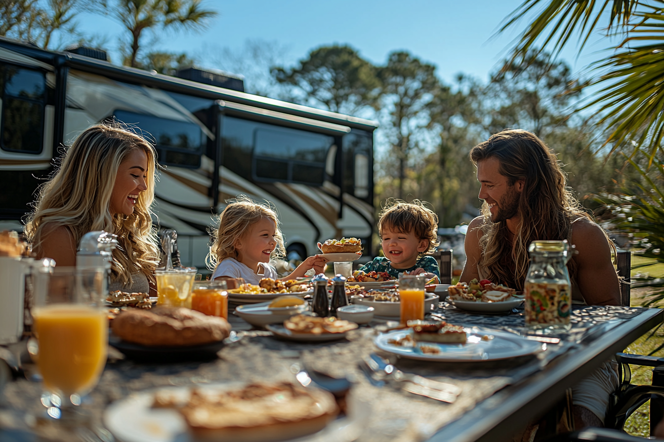 A Happy Family Having Breakfast Outside their RV.