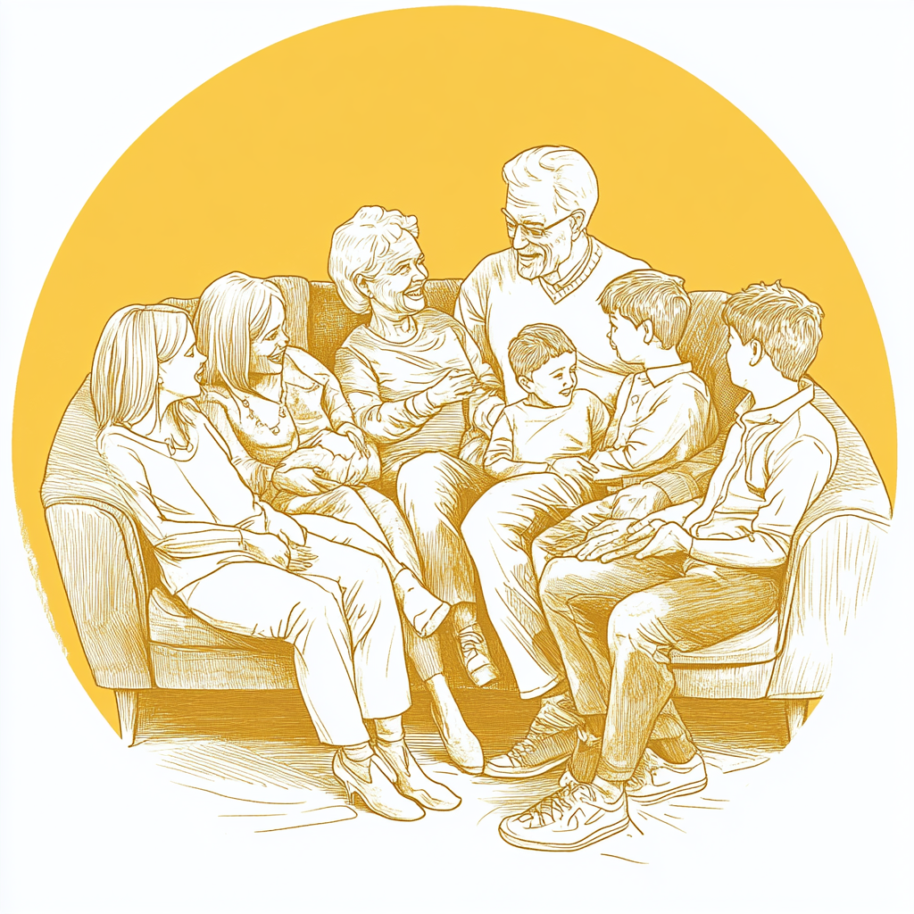 A Happy Family Talking on Mustard Sofa