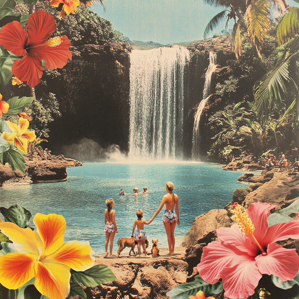 A Happy Family Visiting a Tropical Waterfall Garden