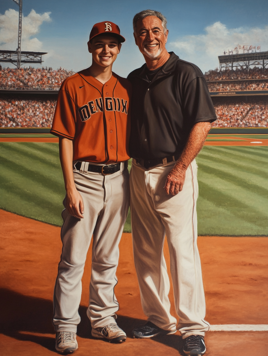 A Happy Father and Son at Baseball Field