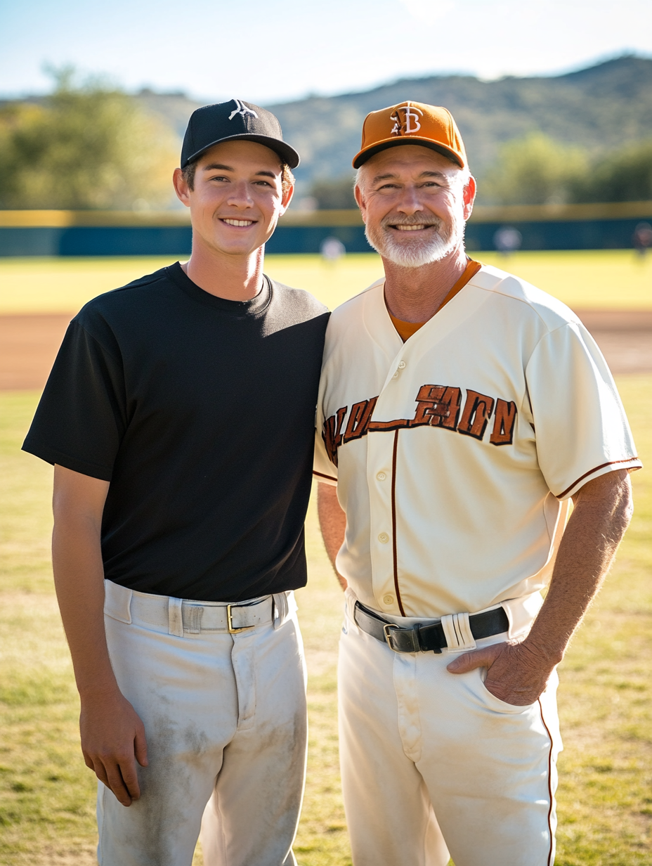 A Happy Father and Son at the Baseball Field