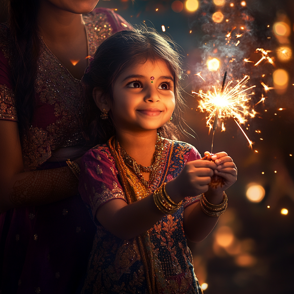 A Happy Indian Mother and Daughter Celebrating Diwali