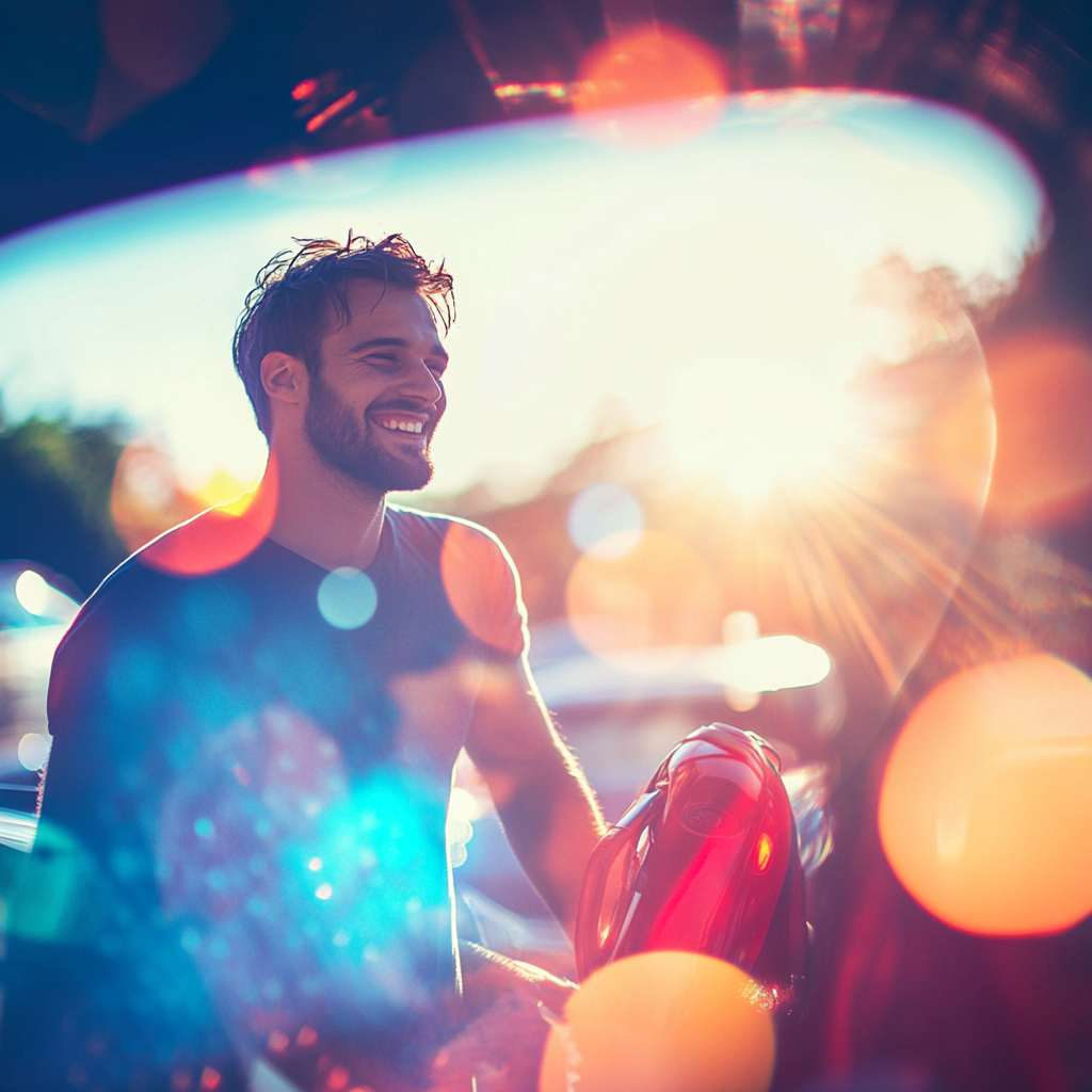 A Happy Man Beside Red Car in Summer