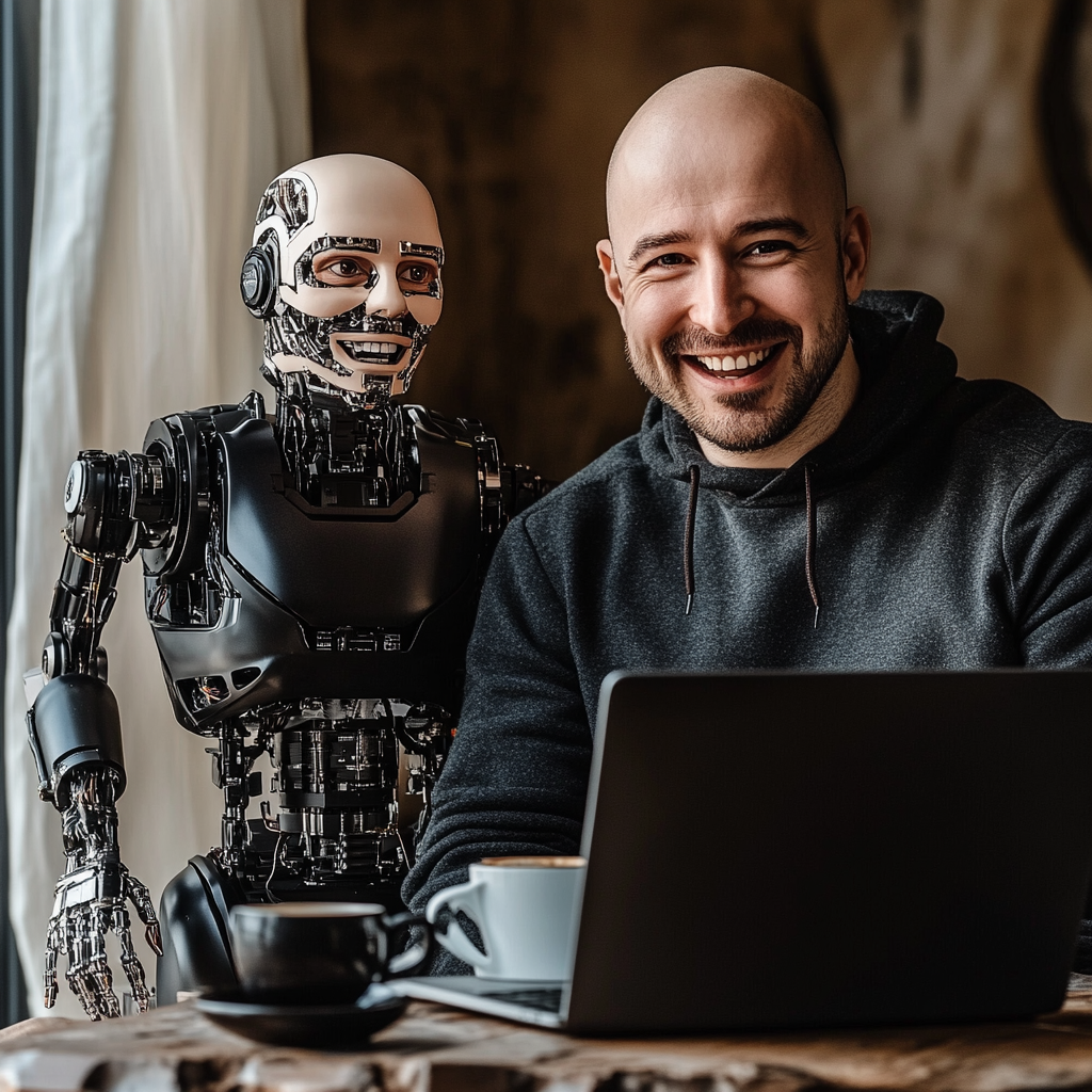 A Happy Man Surrounded by Coffee and Productive Robot