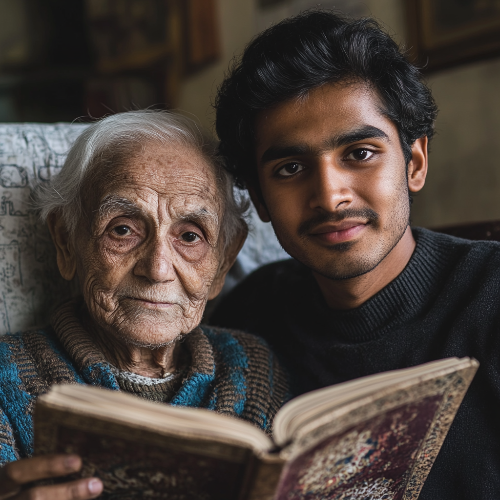 A Happy Man and Elderly Person Reading at Home