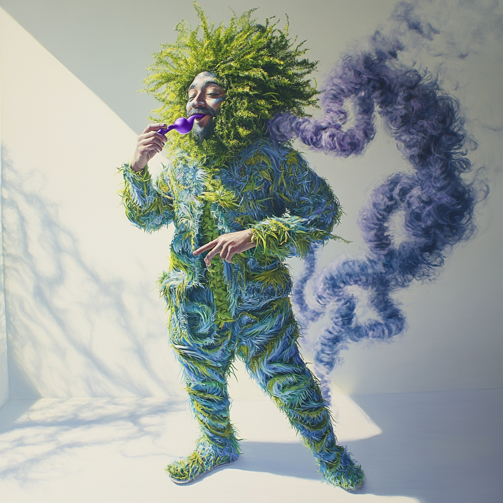 A Happy Man in Colorful Grass Suit Smokes.