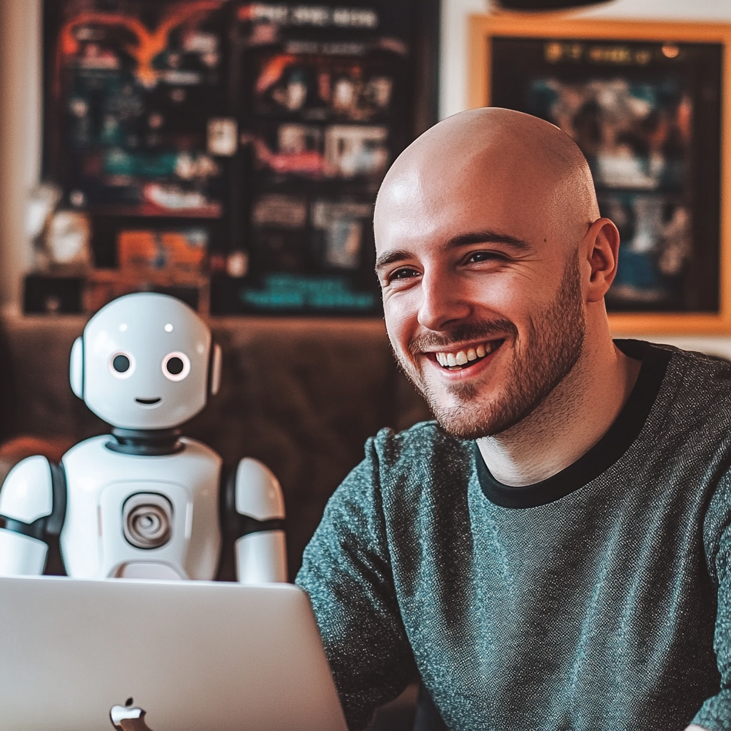 A Happy Man with Coffee and Robot Working