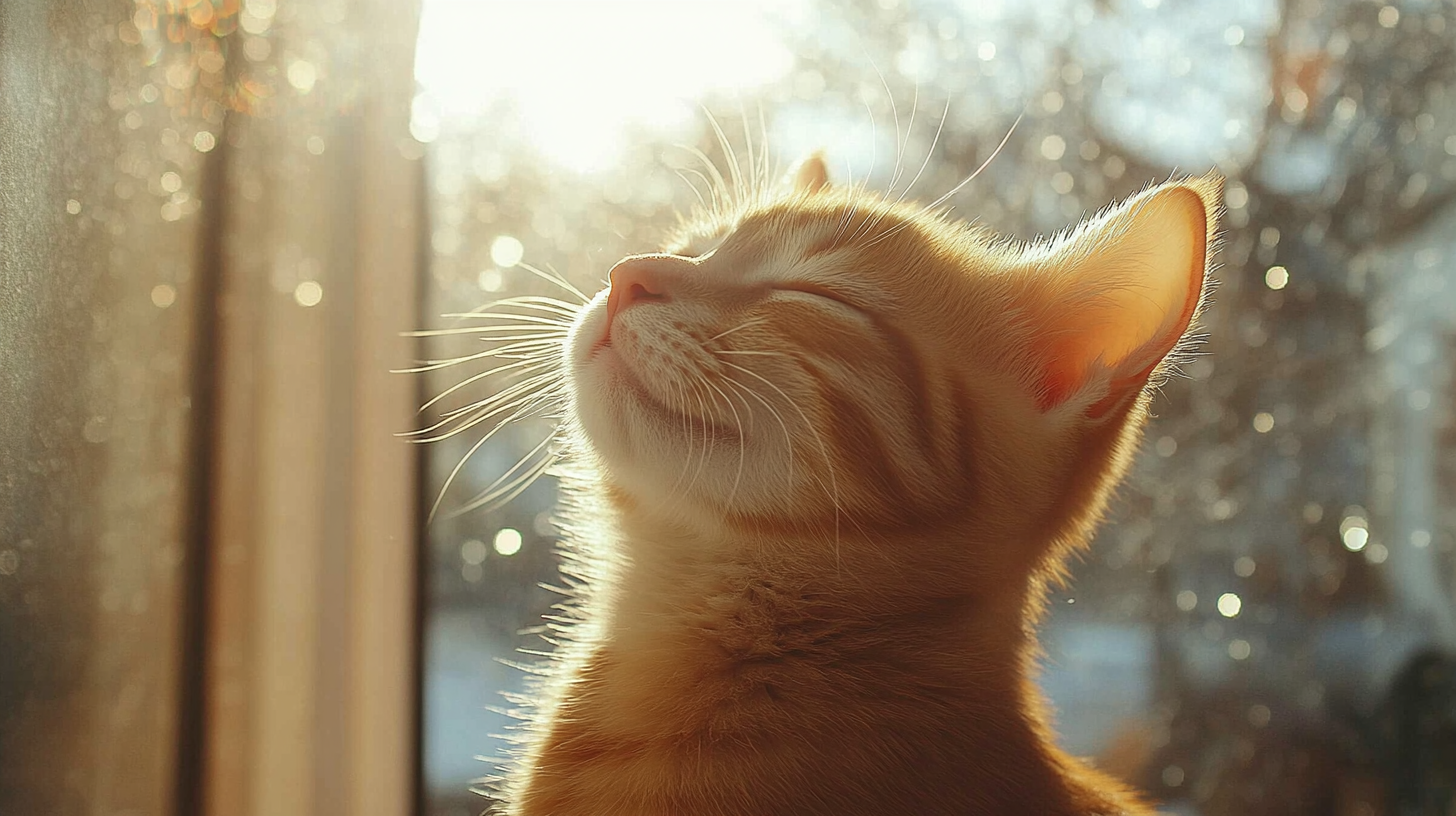 A Happy Tabby looking through the window at home