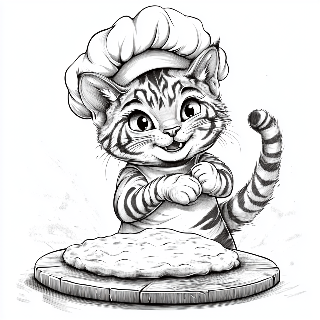 A Happy Tiger Cat Chef Making Pizza Dough