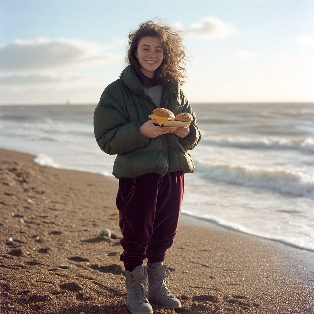 A Happy Young Woman Enjoying Burger on Beach