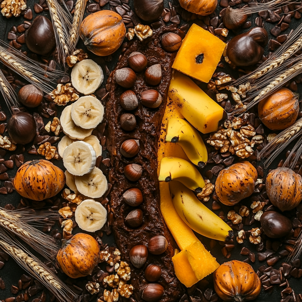 A Harvest Mix of Bananas, Chestnuts, Pumpkin, Wheat