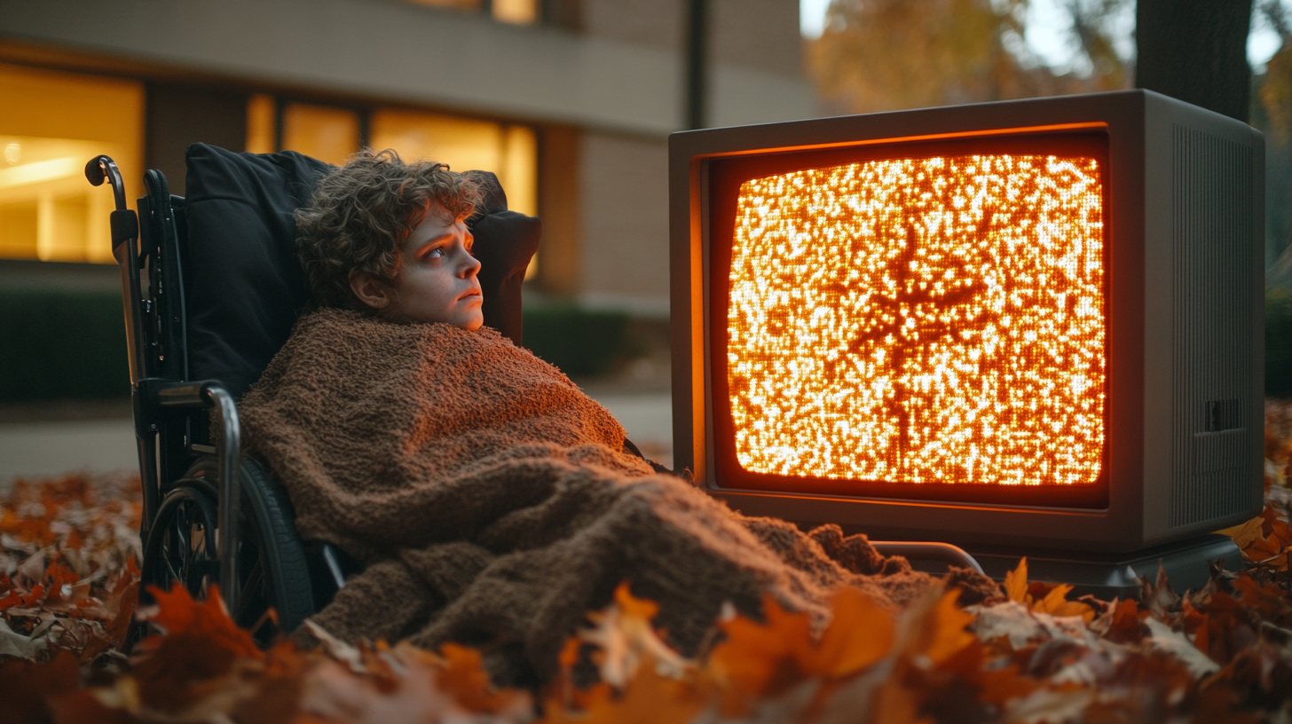 A Haunted Wheelchair Girl Watches Scrambling TV Spirits