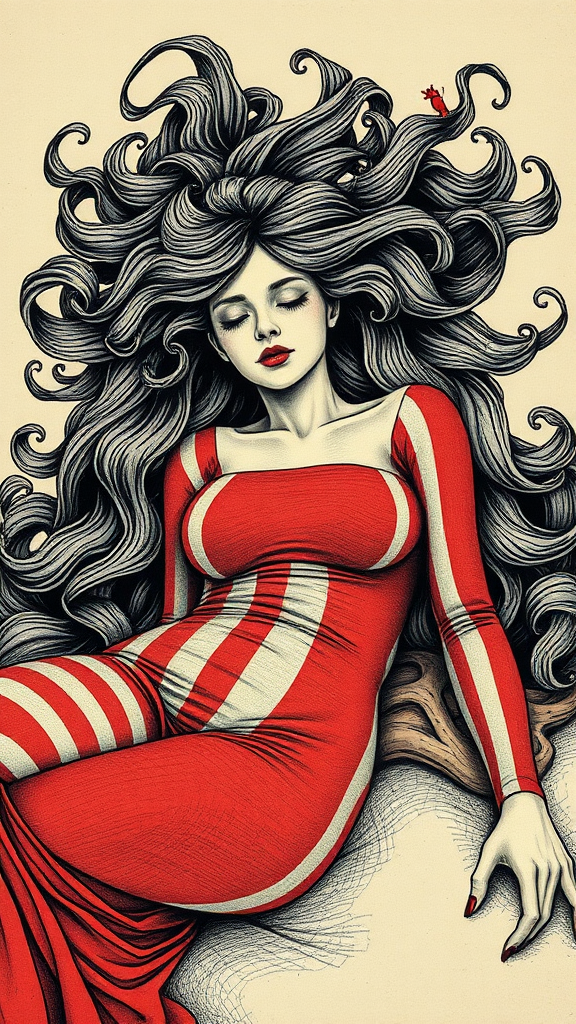 A Haunting Figure in Red and White Waves