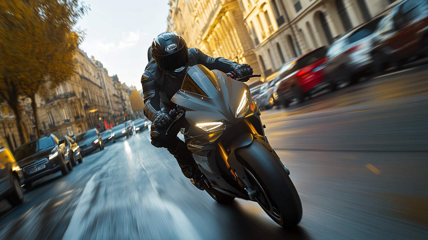 A Helmeted Motorcyclist Racing Between Rows of Cars