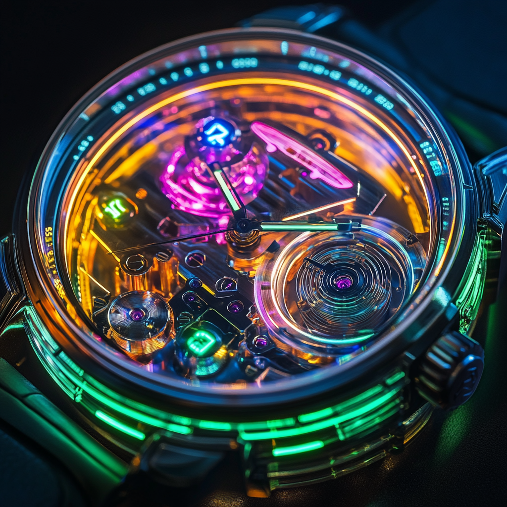 A High-Tech Watch Design with Glowing Internal Parts.