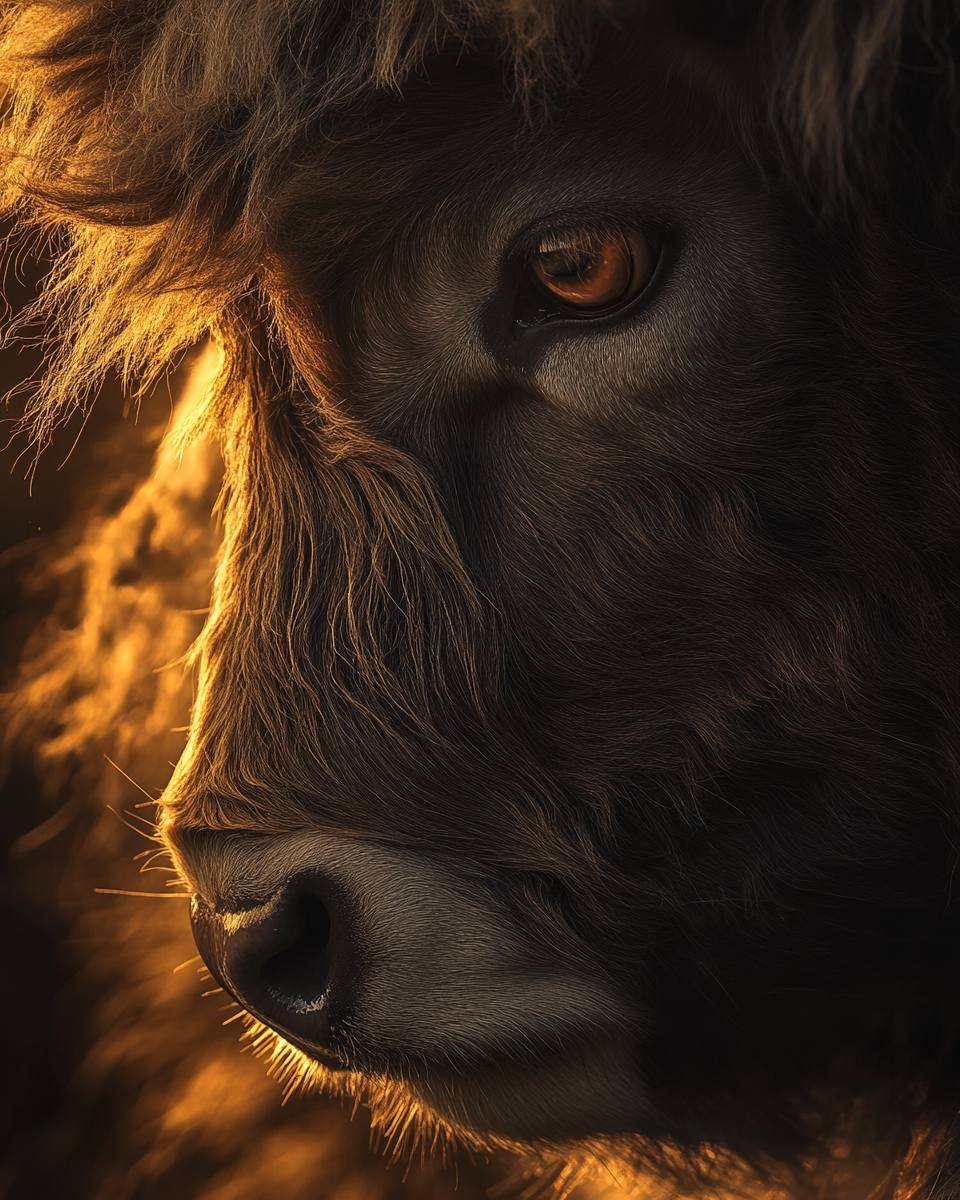 A Highland cattle bull with detailed fur and golden light.