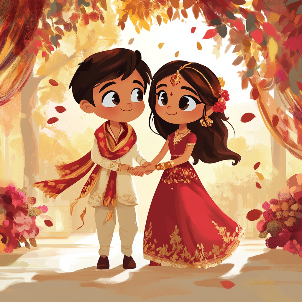 Disney Style Indian Bride and Groom Illustration