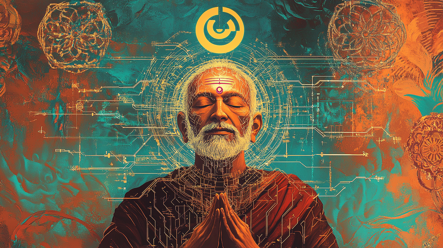 A Hindu sage meditates with digital circuitry