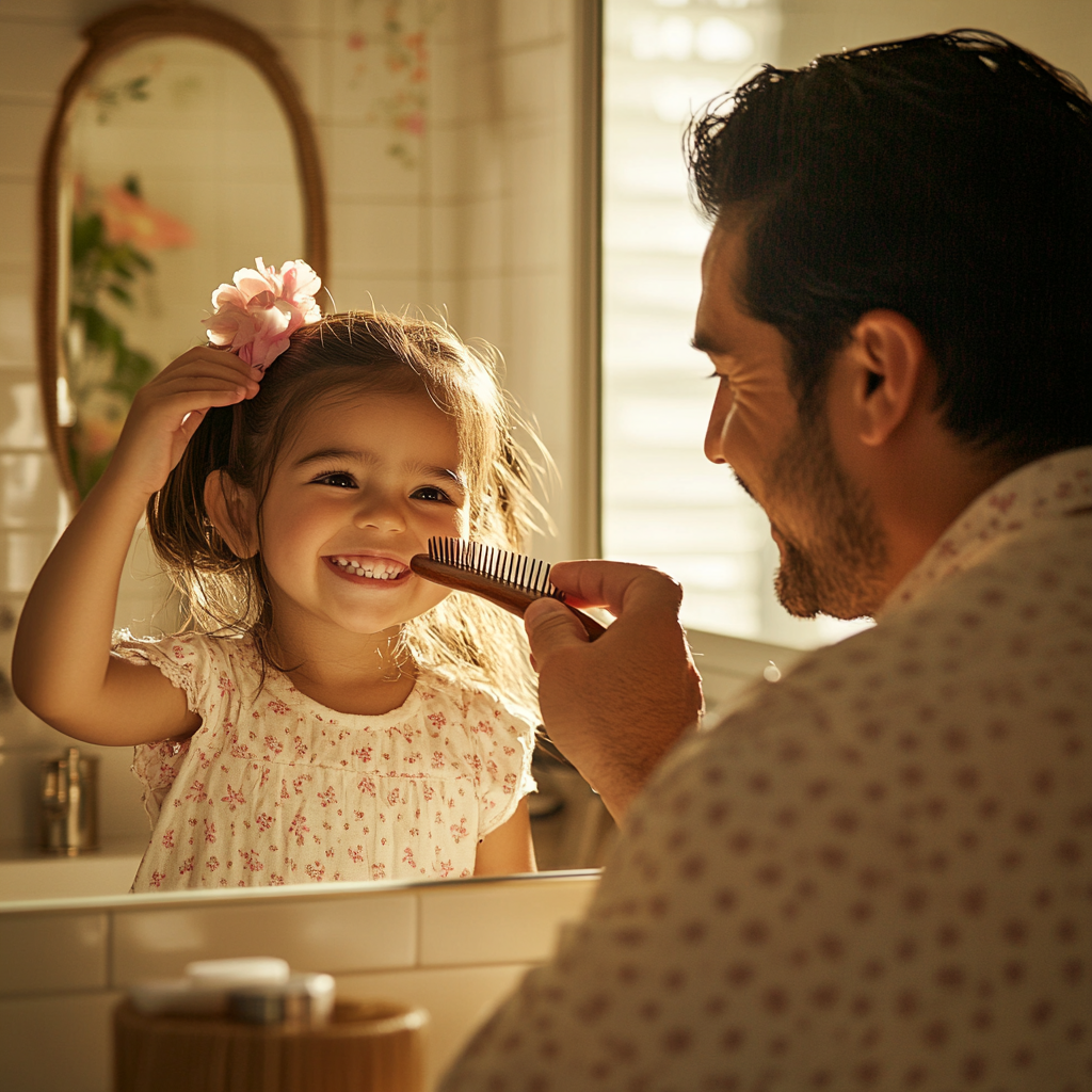 A Hispanic father styles toddler daughter's hair joyfully