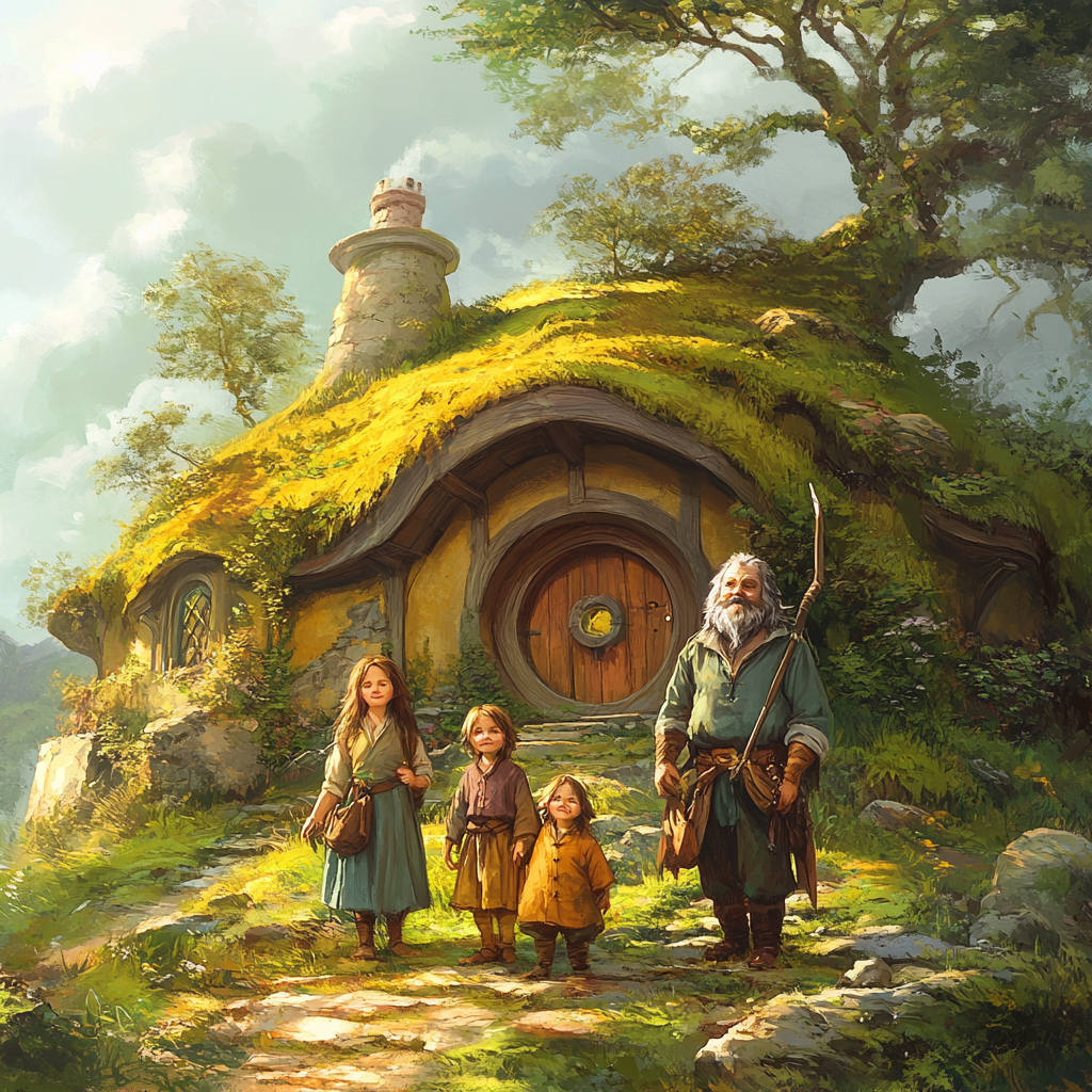 A Hobbit Family Stands Outside Their Hill Home.