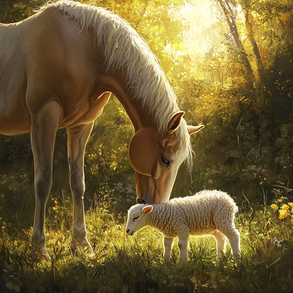 A Horse and Lamb in Peaceful Friendship