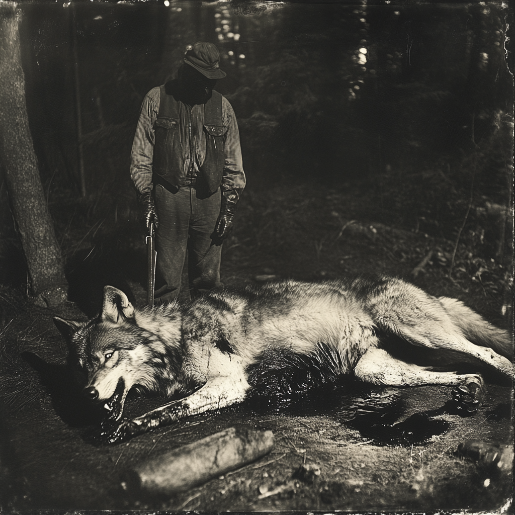 A Hunter Stands Over Dead, Rabid Wolf