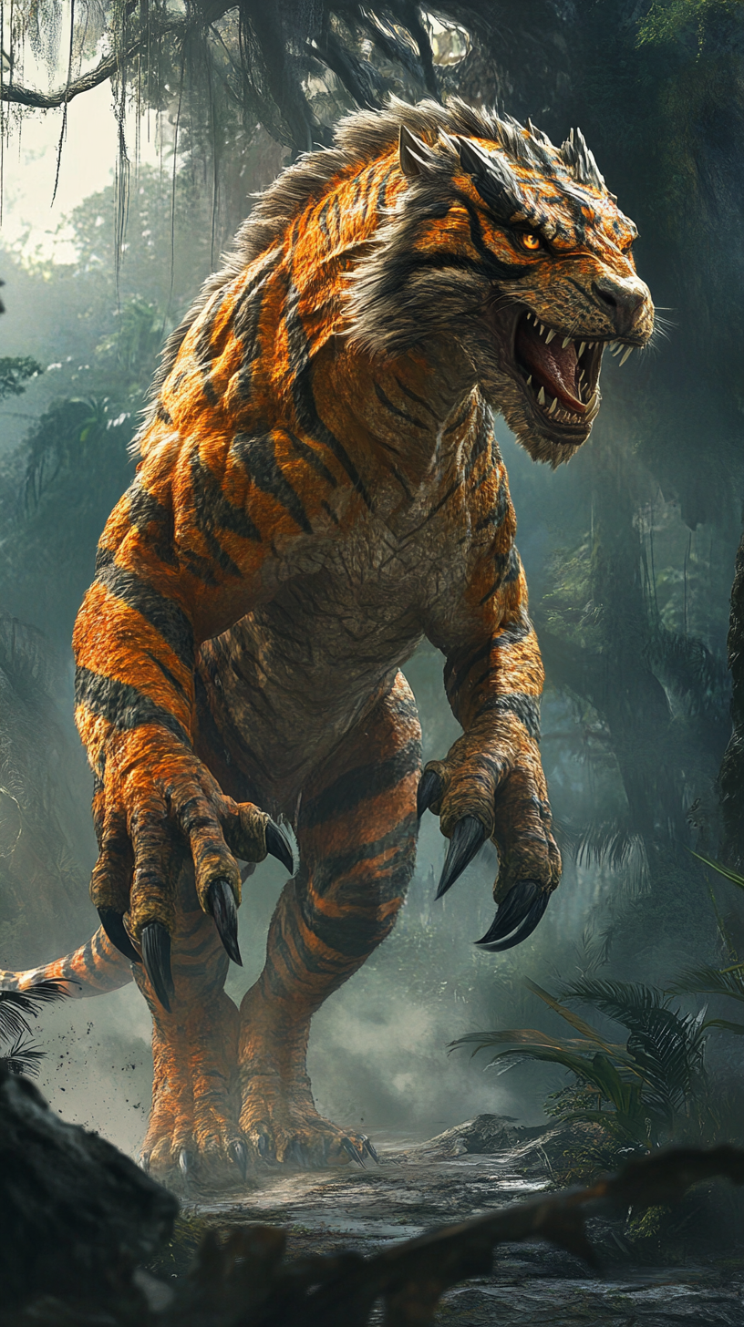 A Hybrid Tiger-Therizinosaurus in the Misty Jungle