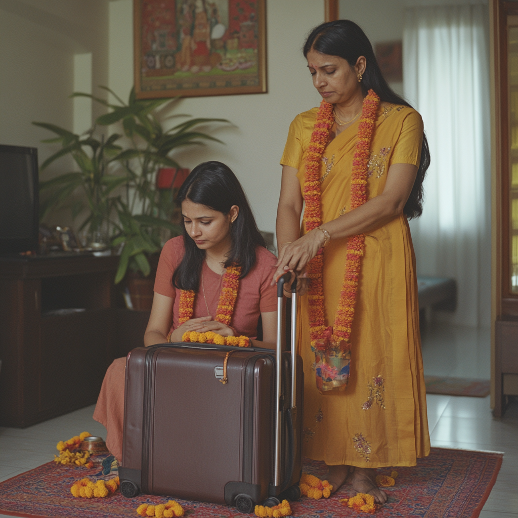 A Indian Mother comforts daughter during packing