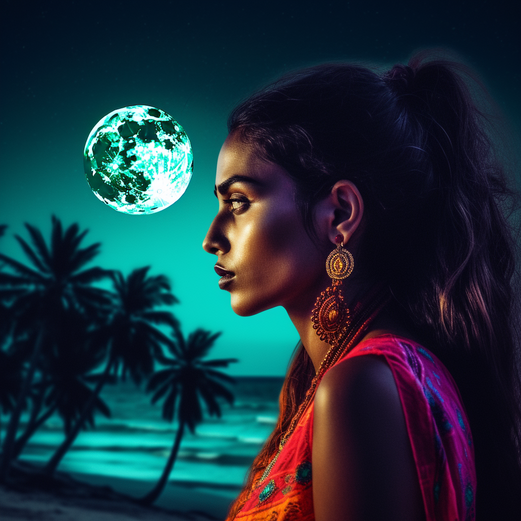 A Indian woman with strong gaze on beach